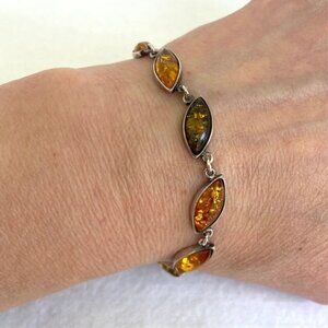 Sterling Silver 925 Green & Honey Baltic Amber Cabochon Link Bracelet Sz 7"